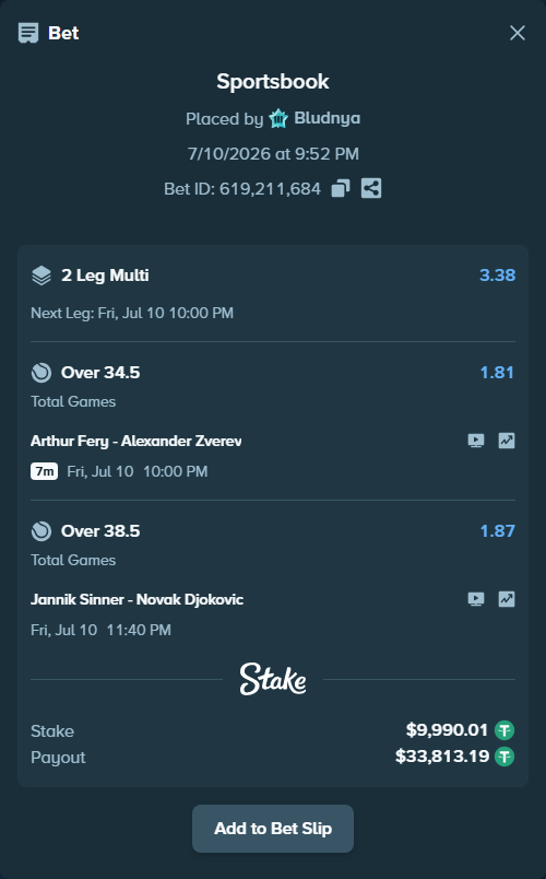 Bet slip: Arthur Fery - Alexander Zverev, $10,000.00 stake at 1.81 odds, placed by Bludnya