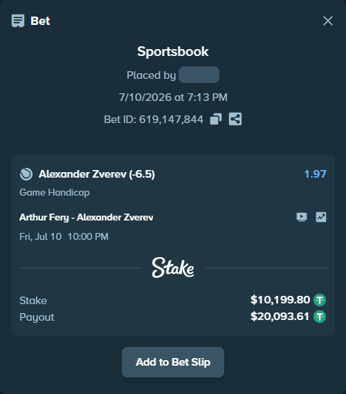 Bet slip: Arthur Fery - Alexander Zverev, $10,210.00 stake at 1.97 odds, placed by zhanjinkun