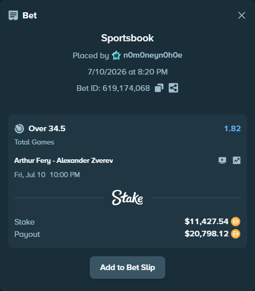 Bet slip: Arthur Fery - Alexander Zverev, $11,438.97 stake at 1.82 odds, placed by n0m0neyn0h0e