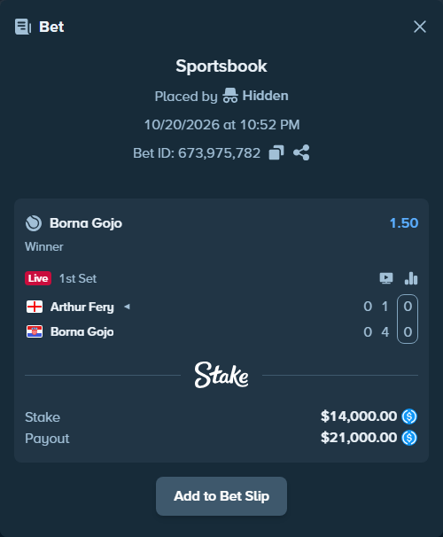 Bet slip: Arthur Fery - Borna Gojo, $14,000.00 stake at 1.50 odds, placed by Hidden