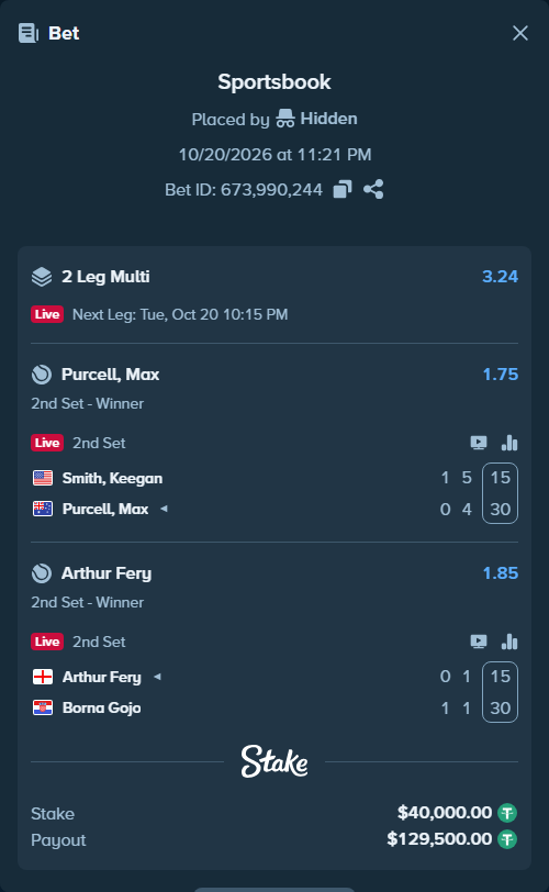 Bet slip: Arthur Fery - Borna Gojo, $40,040.00 stake at 1.85 odds, placed by Hidden