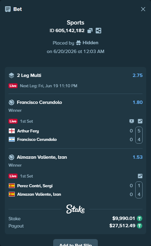 Bet slip: Arthur Fery - Francisco Cerundolo, $10,000.00 stake at 1.80 odds, placed by Hidden