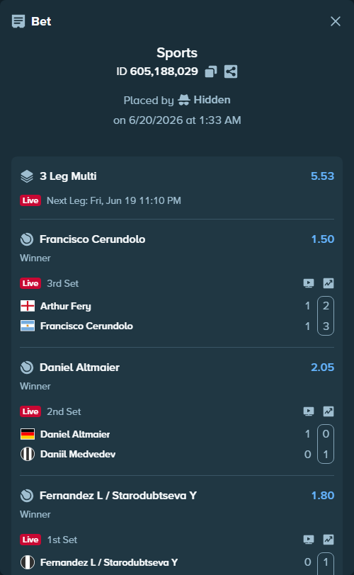Bet slip: Arthur Fery - Francisco Cerundolo, $10,000.00 stake at 1.50 odds, placed by Hidden