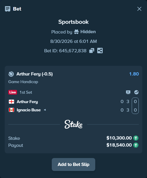 Bet slip: Arthur Fery - Ignacio Buse, $10,300.00 stake at 1.80 odds, placed by Hidden