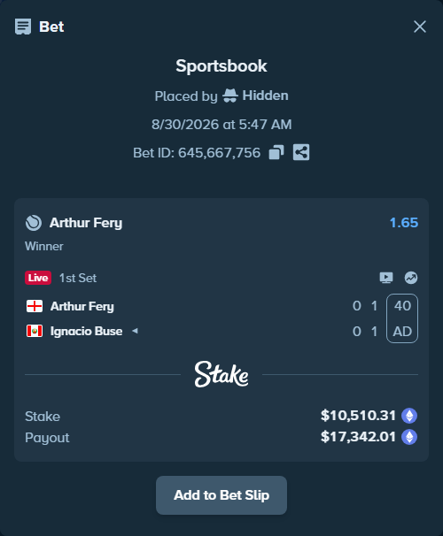 Bet slip: Arthur Fery - Ignacio Buse, $10,497.97 stake at 1.65 odds, placed by Hidden