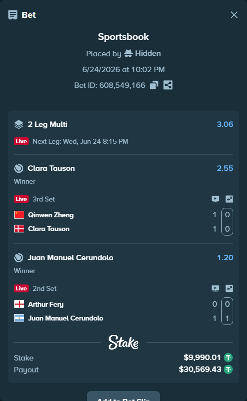 Bet slip: Arthur Fery - Juan Manuel Cerundolo, $10,000.00 stake at 1.20 odds, placed by Hidden