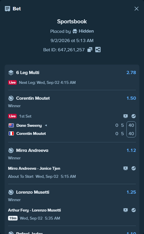 Bet slip: Arthur Fery - Lorenzo Musetti, $10,000.00 stake at 1.25 odds, placed by Hidden