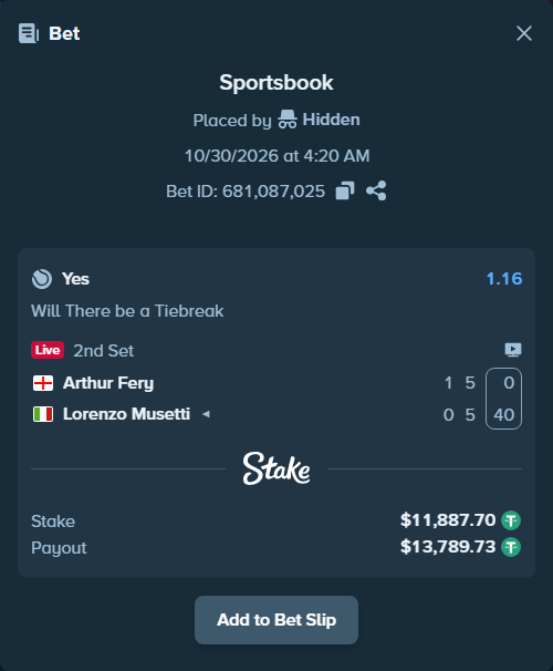 Bet slip: Arthur Fery - Lorenzo Musetti, $11,899.59 stake at 1.16 odds, placed by Hidden
