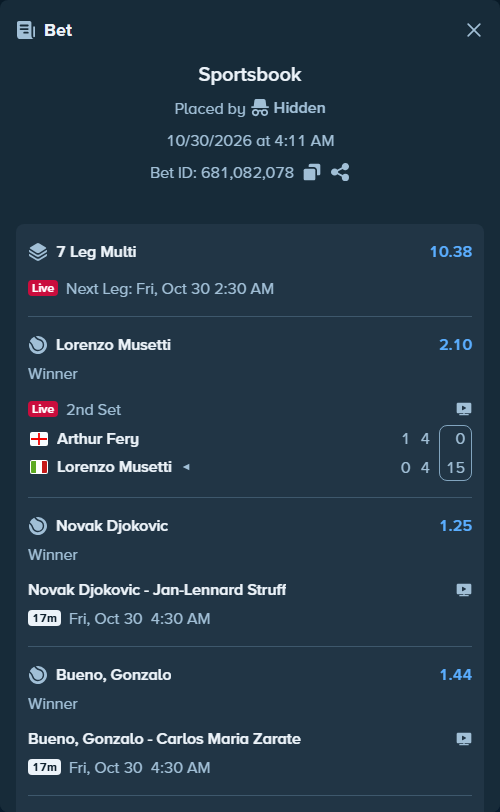Bet slip: Arthur Fery - Lorenzo Musetti, $15,000.00 stake at 2.10 odds, placed by Hidden