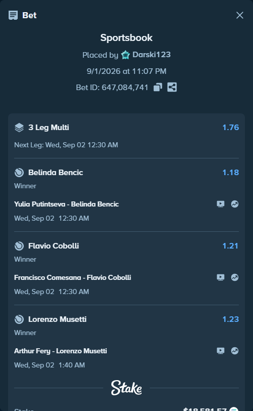 Bet slip: Arthur Fery - Lorenzo Musetti, $18,614.29 stake at 1.23 odds, placed by Darski123