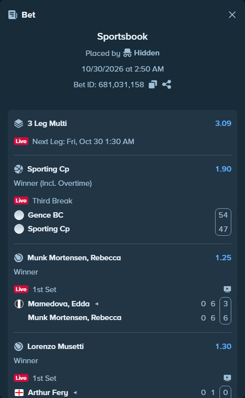 Bet slip: Arthur Fery - Lorenzo Musetti, $20,000.00 stake at 1.30 odds, placed by Hidden