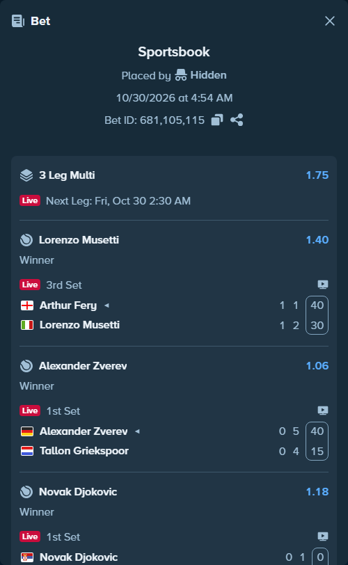 Bet slip: Arthur Fery - Lorenzo Musetti, $30,000.00 stake at 1.40 odds, placed by Hidden