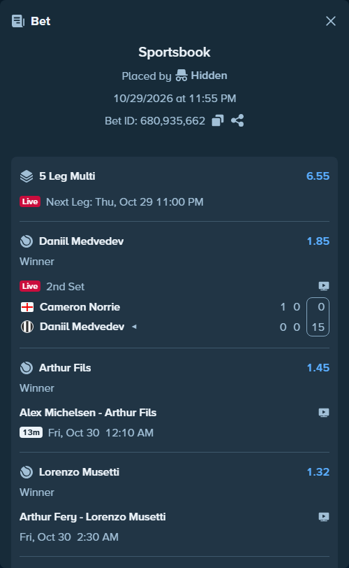 Bet slip: Arthur Fery - Lorenzo Musetti, $33,832.00 stake at 1.32 odds, placed by Hidden