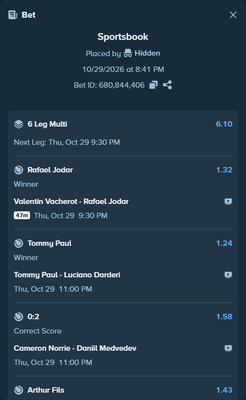 Bet slip: Arthur Fery - Lorenzo Musetti, $37,825.00 stake at 1.32 odds, placed by Hidden