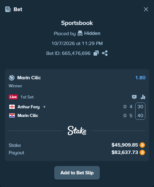 Bet slip: Arthur Fery - Marin Cilic, $45,745.15 stake at 1.80 odds, placed by Hidden