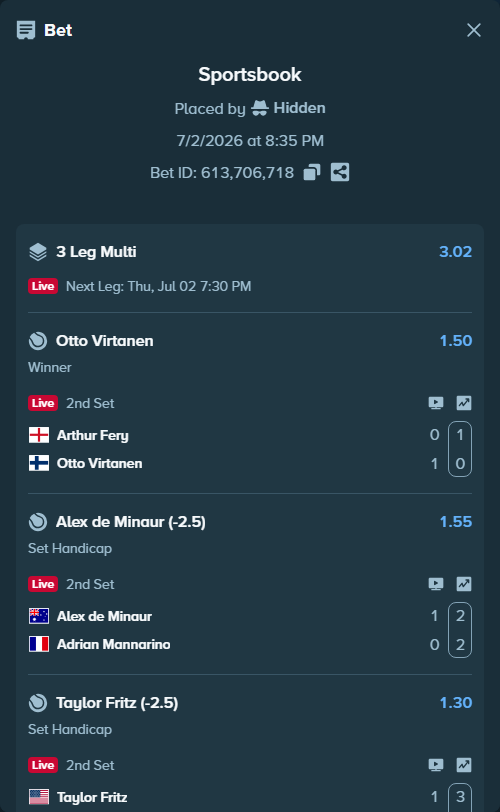 Bet slip: Arthur Fery - Otto Virtanen, $25,677.49 stake at 1.50 odds, placed by Hidden