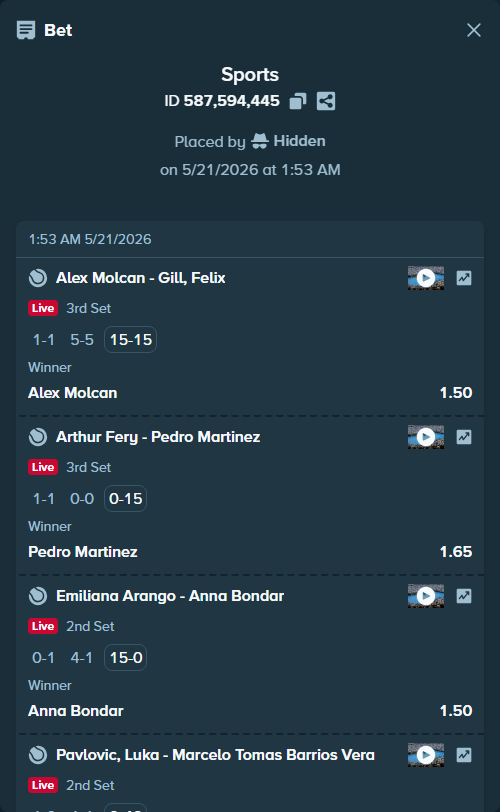 Bet slip: Arthur Fery - Pedro Martinez, $10,000.00 stake at 1.65 odds, placed by Hidden