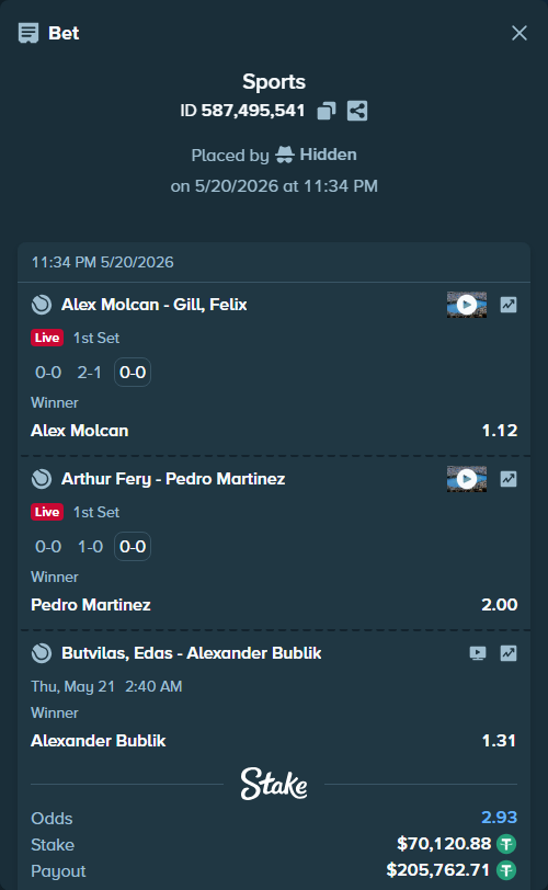 Bet slip: Arthur Fery - Pedro Martinez, $70,191.00 stake at 2.00 odds, placed by Hidden