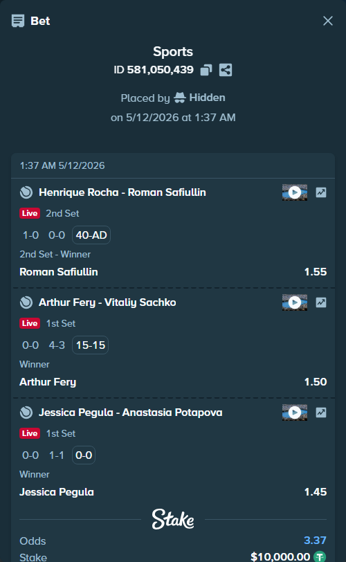 Bet slip: Arthur Fery - Vitaliy Sachko, $10,000.00 stake at 1.50 odds, placed by Hidden