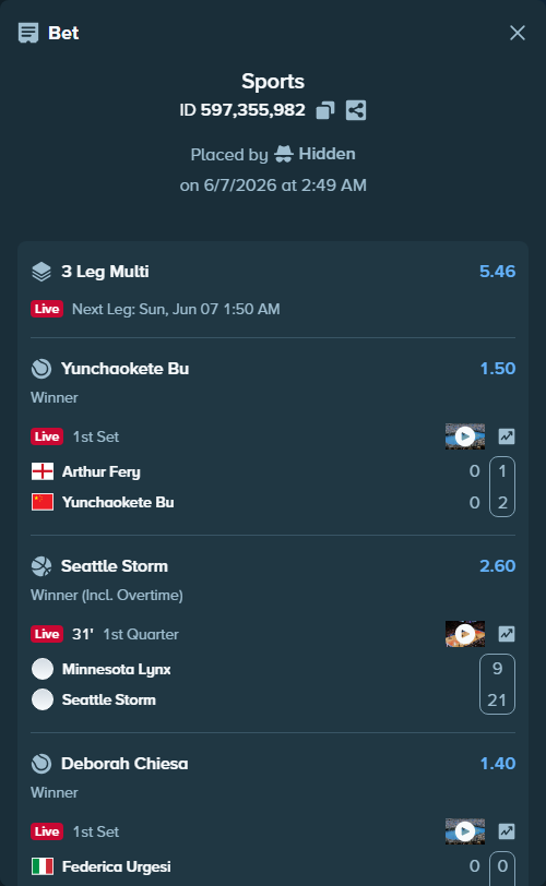 Bet slip: Arthur Fery - Yunchaokete Bu, $12,000.00 stake at 1.50 odds, placed by Hidden