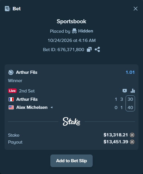 Bet slip: Arthur Fils - Alex Michelsen, $13,334.63 stake at 1.01 odds, placed by Hidden