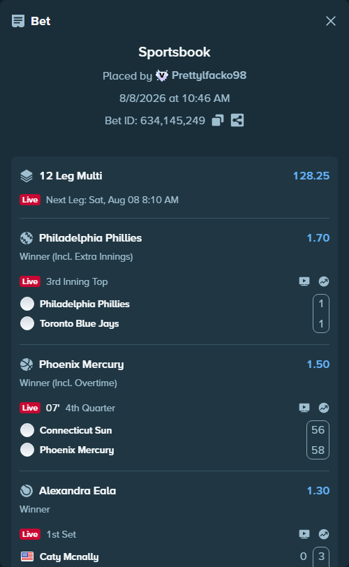 Bet slip: Arthur Fils - Cameron Norrie, $11,514.50 stake at 1.40 odds, placed by Prettylfacko98
