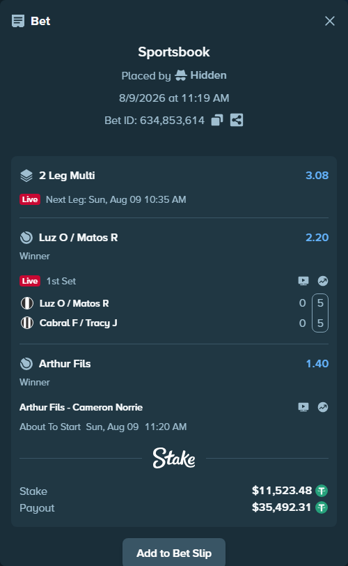 Bet slip: Arthur Fils - Cameron Norrie, $11,535.00 stake at 1.40 odds, placed by Hidden