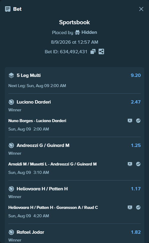 Bet slip: Arthur Fils - Cameron Norrie, $12,595.58 stake at 1.40 odds, placed by Hidden