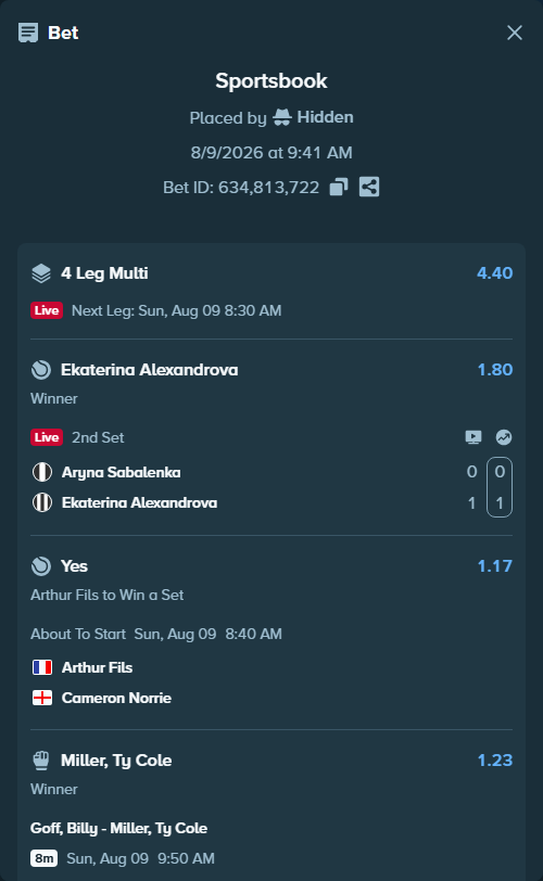 Bet slip: Arthur Fils - Cameron Norrie, $14,338.66 stake at 1.17 odds, placed by Hidden