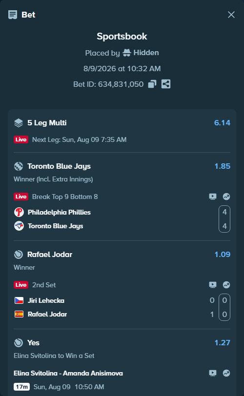 Bet slip: Arthur Fils - Cameron Norrie, $16,593.83 stake at 1.41 odds, placed by Hidden