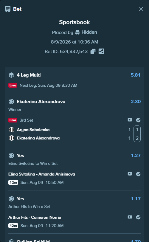 Bet slip: Arthur Fils - Cameron Norrie, $21,503.24 stake at 1.17 odds, placed by Hidden