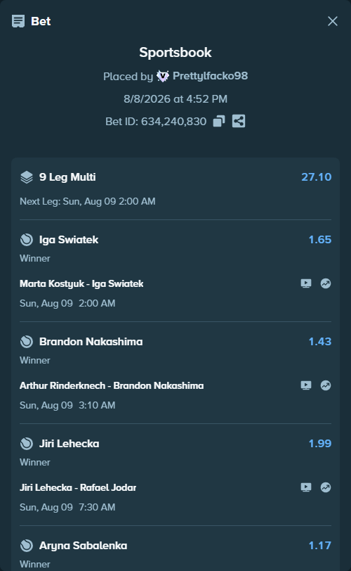 Bet slip: Arthur Fils - Cameron Norrie, $15,191.97 stake at 1.40 odds, placed by Prettylfacko98