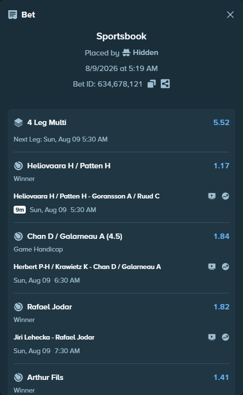Bet slip: Arthur Fils - Cameron Norrie, $50,221.55 stake at 1.41 odds, placed by Hidden