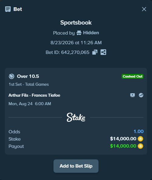 Bet slip: Arthur Fils - Frances Tiafoe, $13,906.60 stake at 2.90 odds, placed by Hidden