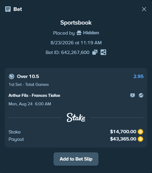 Bet slip: Arthur Fils - Frances Tiafoe, $14,612.13 stake at 2.95 odds, placed by Hidden