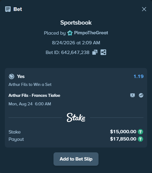 Bet slip: Arthur Fils - Frances Tiafoe, $15,000.00 stake at 1.19 odds, placed by PimpoTheGreat