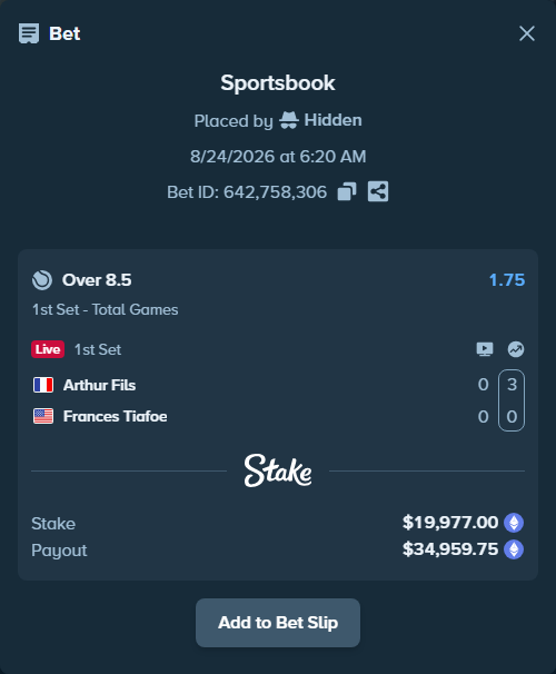 Bet slip: Arthur Fils - Frances Tiafoe, $20,099.84 stake at 1.75 odds, placed by Hidden