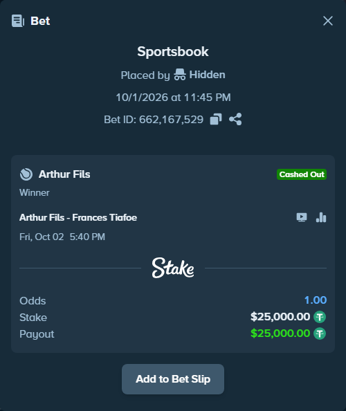 Bet slip: Arthur Fils - Frances Tiafoe, $25,000.00 stake at 1.35 odds, placed by OplatekRafal