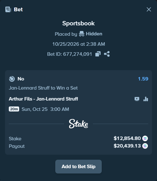 Bet slip: Arthur Fils - Jan-Lennard Struff, $12,961.61 stake at 1.59 odds, placed by Hidden