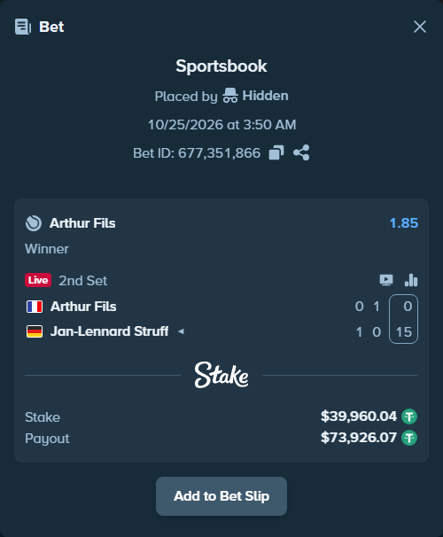 Bet slip: Arthur Fils - Jan-Lennard Struff, $40,000.00 stake at 1.85 odds, placed by Hidden