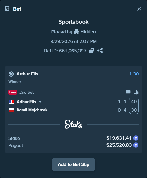 Bet slip: Arthur Fils - Kamil Majchrzak, $19,630.45 stake at 1.30 odds, placed by Hidden
