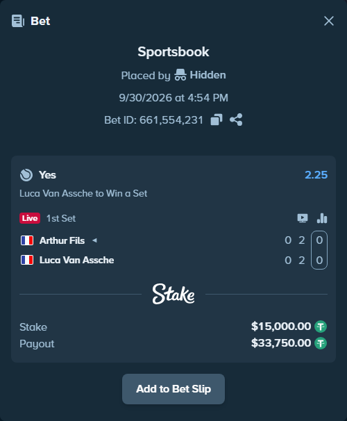Bet slip: Arthur Fils - Luca Van Assche, $15,000.00 stake at 2.25 odds, placed by Hidden
