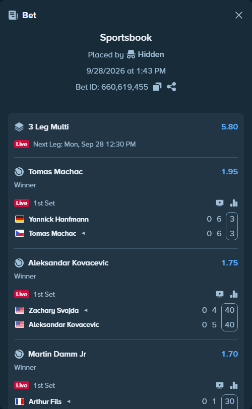 Bet slip: Arthur Fils - Martin Damm Jr, $50,000.00 stake at 1.70 odds, placed by Hidden