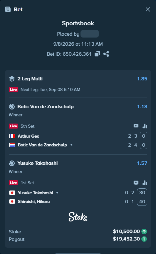 Bet slip: Arthur Gea - Botic Van de Zandschulp, $10,500.00 stake at 1.18 odds, placed by Nt95