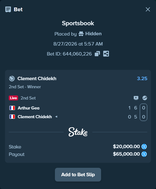 Bet slip: Arthur Gea - Clement Chidekh, $20,000.00 stake at 3.25 odds, placed by Hidden