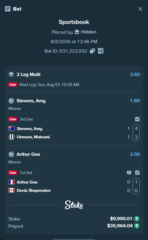 Bet slip: Arthur Gea - Denis Shapovalov, $10,000.00 stake at 2.00 odds, placed by Hidden