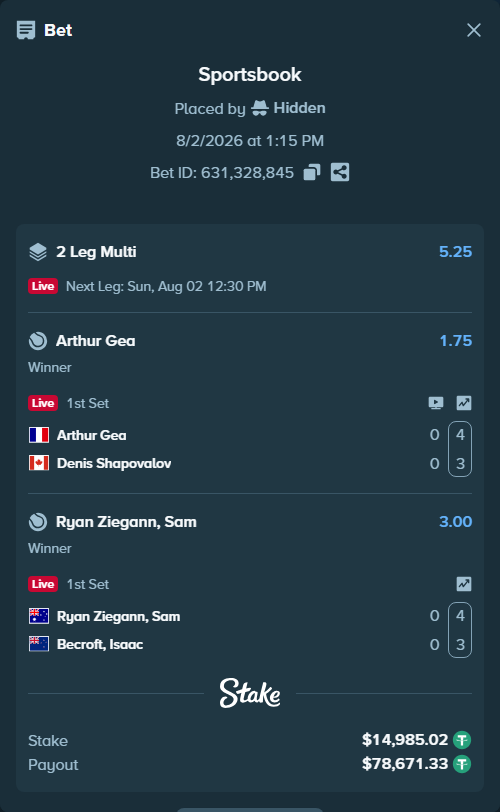 Bet slip: Arthur Gea - Denis Shapovalov, $15,000.00 stake at 1.75 odds, placed by Hidden