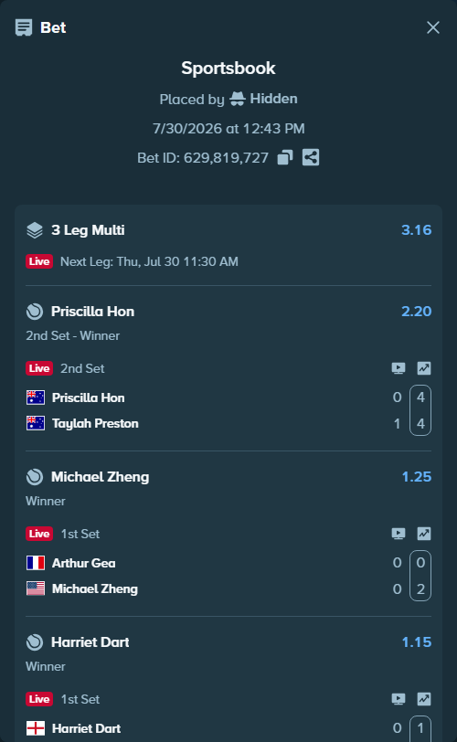 Bet slip: Arthur Gea - Michael Zheng, $10,000.00 stake at 1.25 odds, placed by Hidden