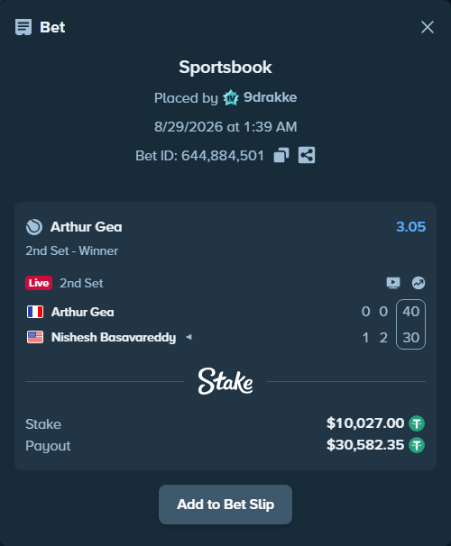 Bet slip: Arthur Gea - Nishesh Basavareddy, $10,026.00 stake at 3.05 odds, placed by 9drakke