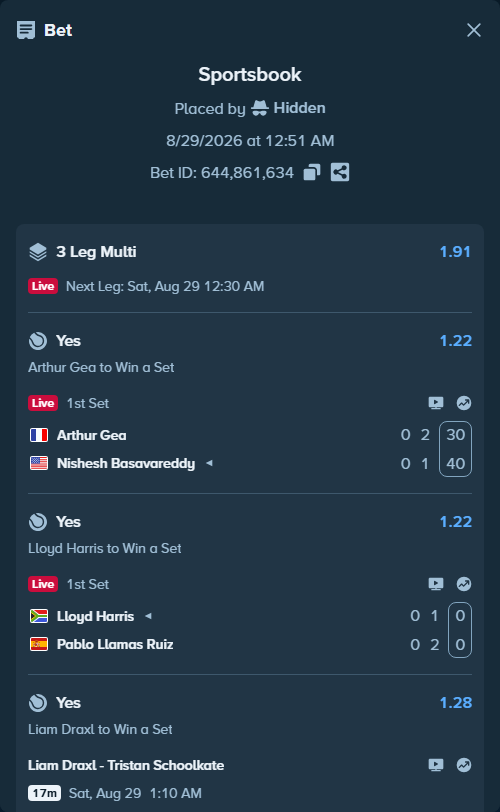 Bet slip: Arthur Gea - Nishesh Basavareddy, $11,384.83 stake at 1.22 odds, placed by Hidden